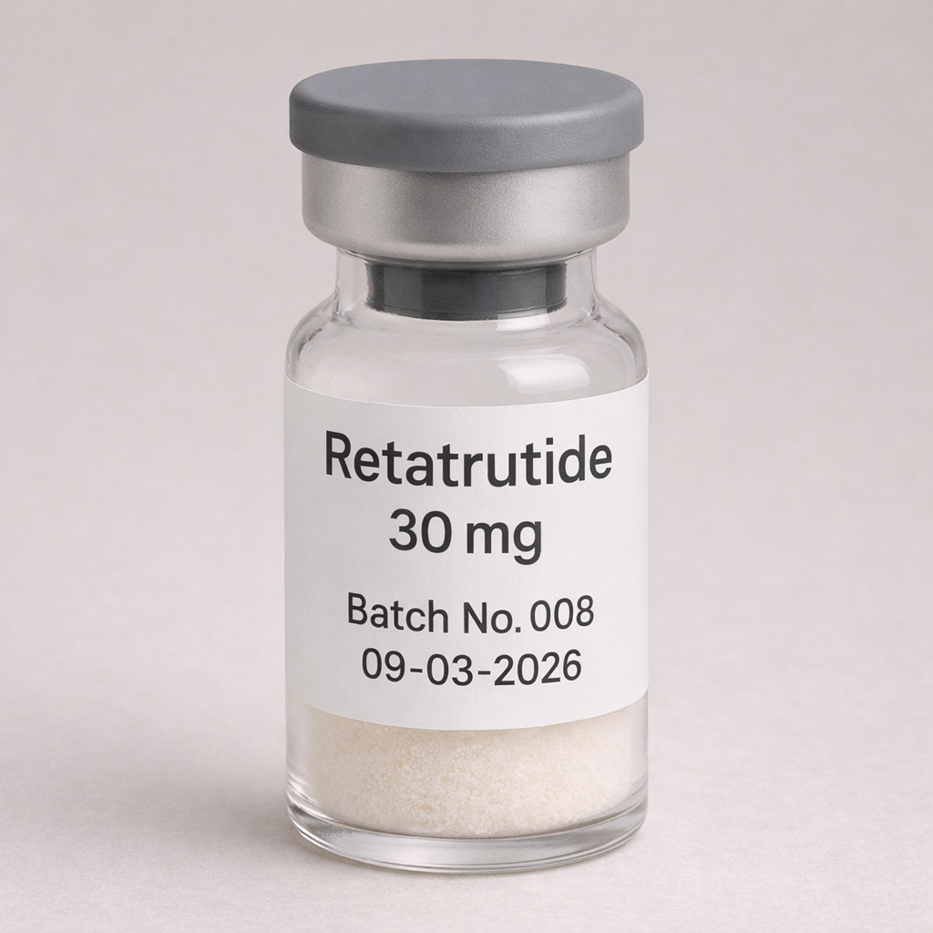 Retatrutide 30 mg vial containing white powder, labeled Batch No. 008 and expiration date 09-03-2026, in a clear glass vial with a gray cap on a neutral background.