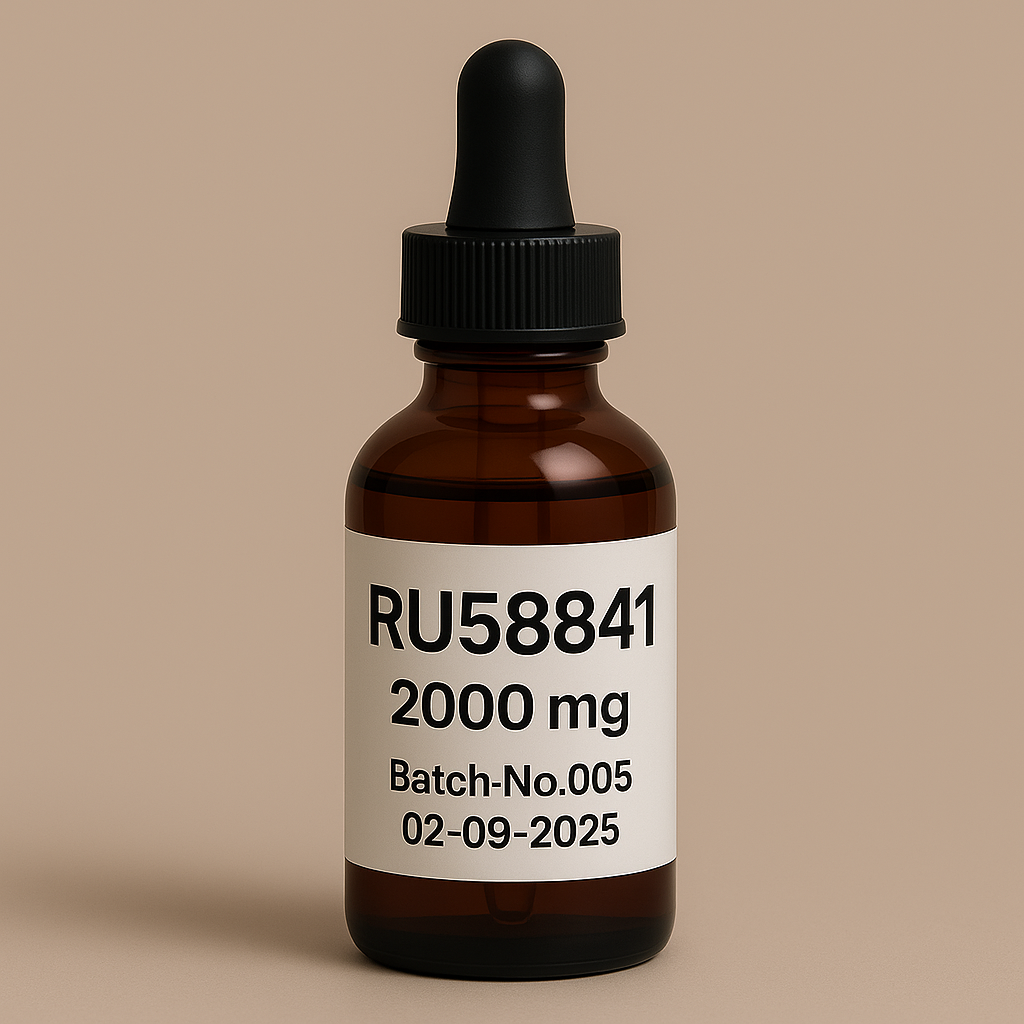 Amber glass dropper vial of RU58841 topical solution, 2000 mg concentration, labeled Batch No.005 with expiration date 02-09-2025, set against a clean beige background with slight spacing around the vial
