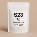 Product photo of S23 1g in a resealable white stand-up pouch with a printed label showing 'Batch No.006' and date '13-11-2025', set against a neutral beige background
