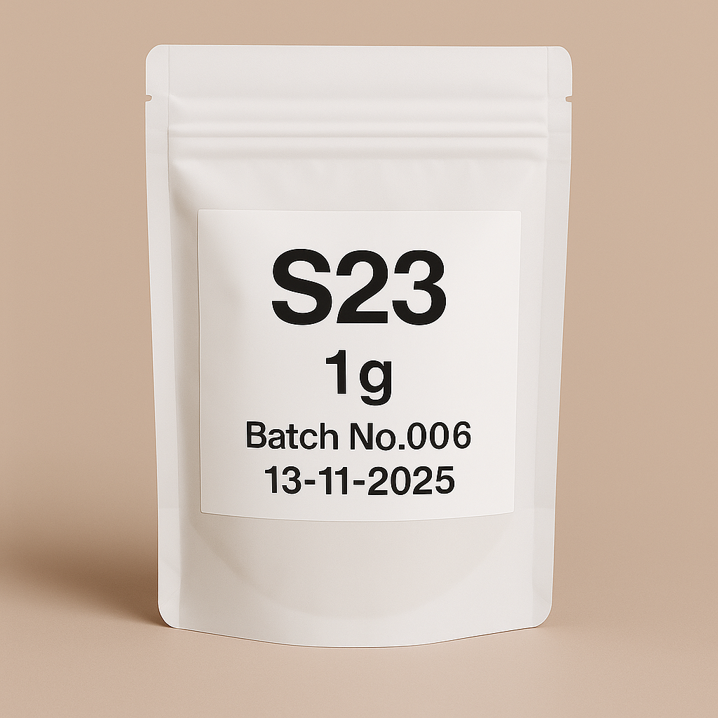 Product photo of S23 1g in a resealable white stand-up pouch with a printed label showing 'Batch No.006' and date '13-11-2025', set against a neutral beige background