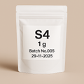 High-resolution image of a white, resealable stand-up pouch labeled 'S4 1g, Batch No.005, 29-10-2025', standing upright against a neutral beige background – product packaging for SARMs (Selective Androgen Receptor Modulators) supplement