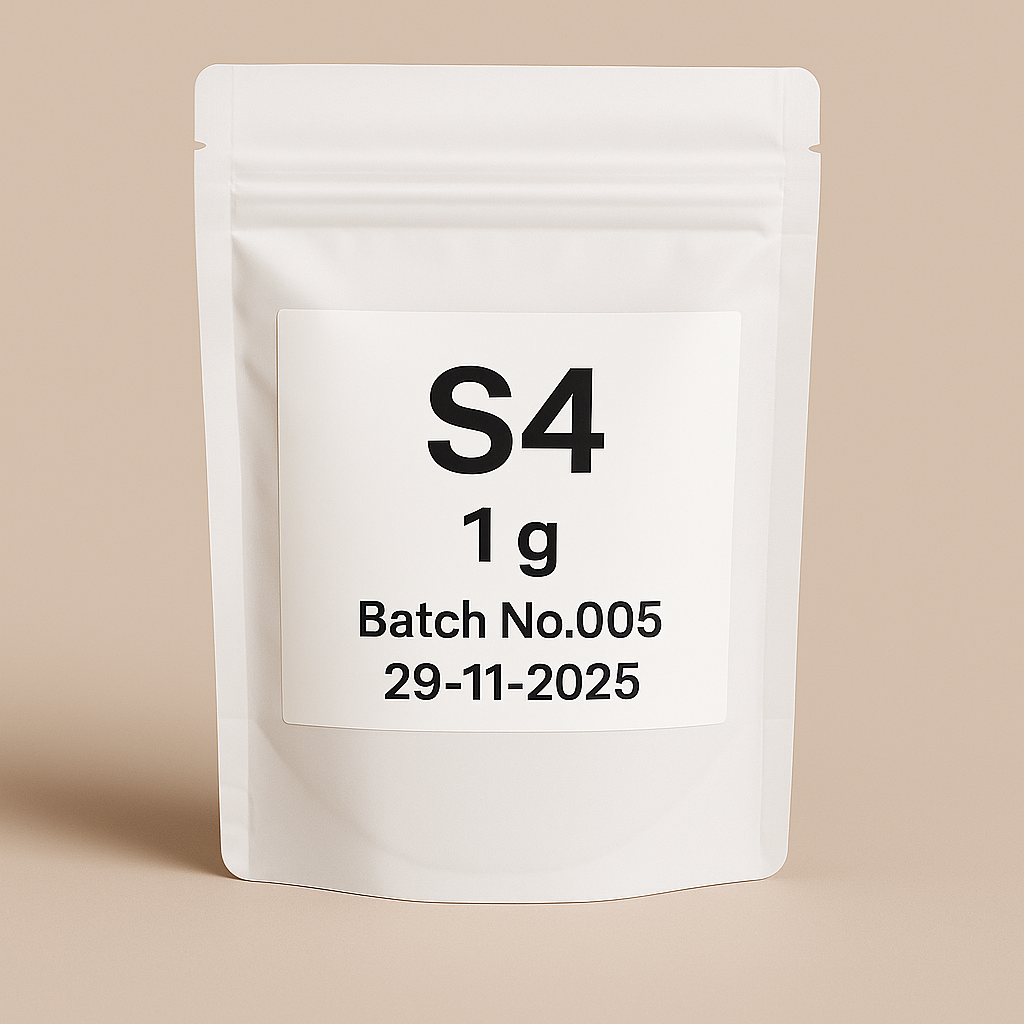 High-resolution image of a white, resealable stand-up pouch labeled 'S4 1g, Batch No.005, 29-10-2025', standing upright against a neutral beige background – product packaging for SARMs (Selective Androgen Receptor Modulators) supplement