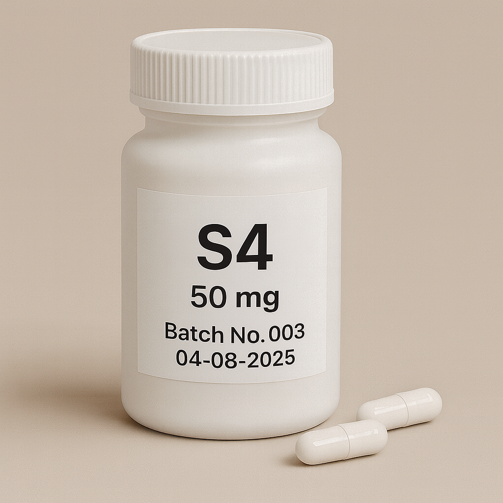 White plastic pill bottle labeled "S4, 50 mg, Batch No.003, 04-08-2025" on a beige background, with two white capsules placed beside it.