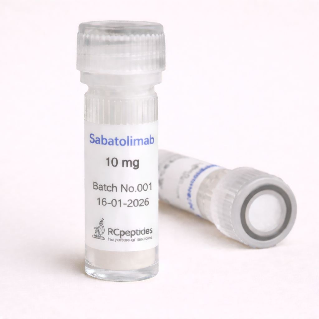 Sabatolimab 10 mg peptide vials with white lyophilized powder, one vial standing upright and one lying on its side. The label displays Batch No.002 and date 11-01-2026, with clear plastic screw caps, RCpeptides logo, and a clean neutral background