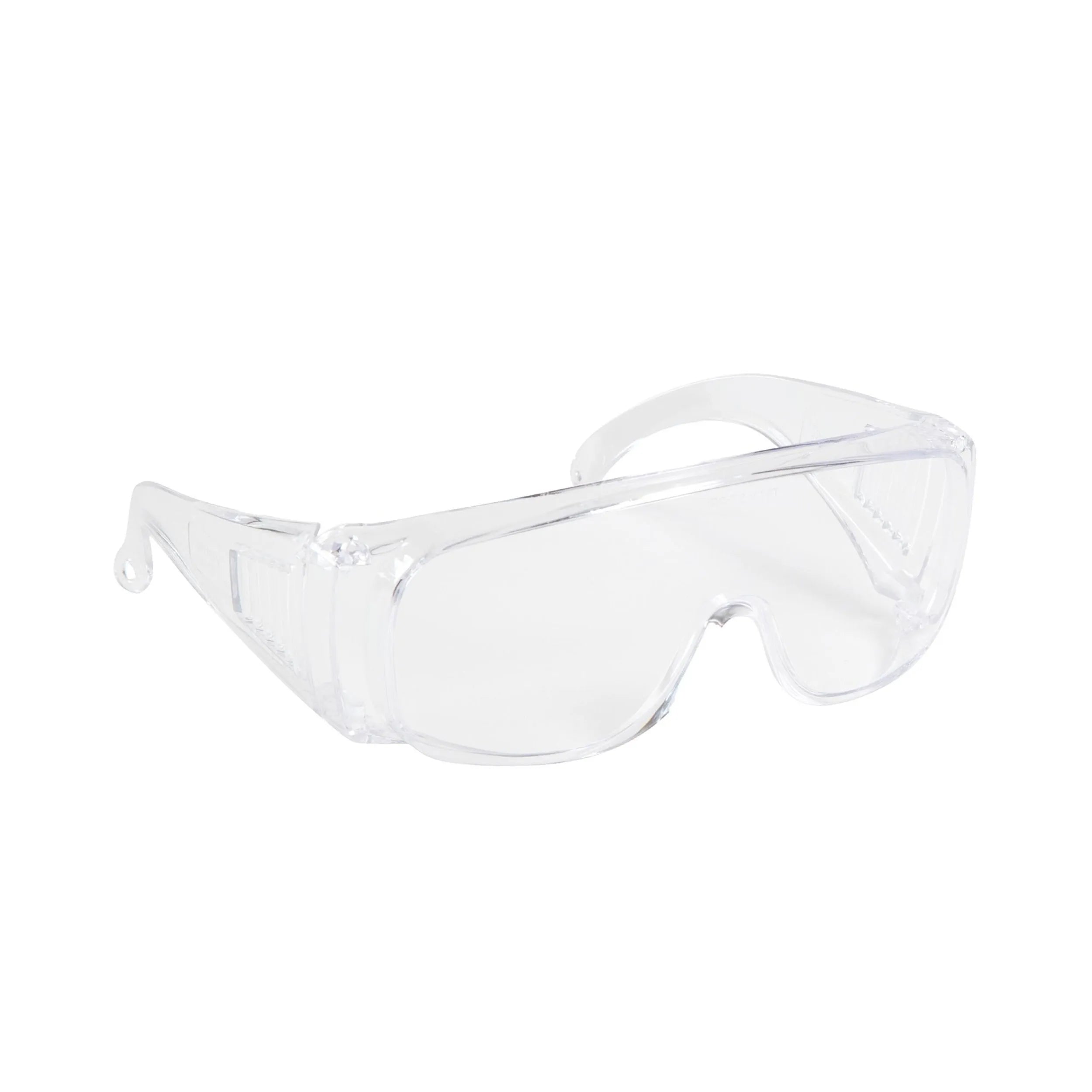 Clear safety goggles on a white background