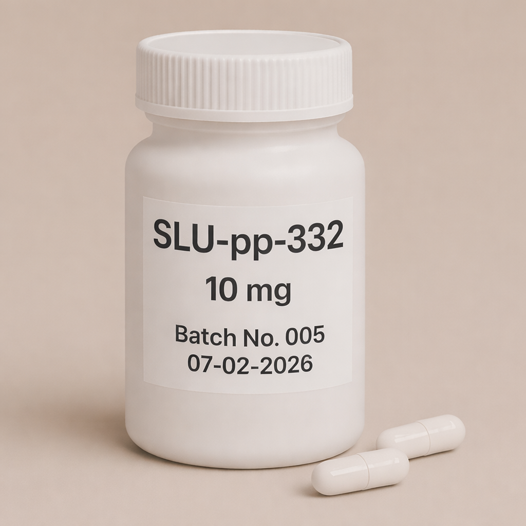 SLU-pp-332 – 10mg capsules, Batch No. 005, Expiry 07-02-2026 – white pill bottle with two capsules shown on neutral background