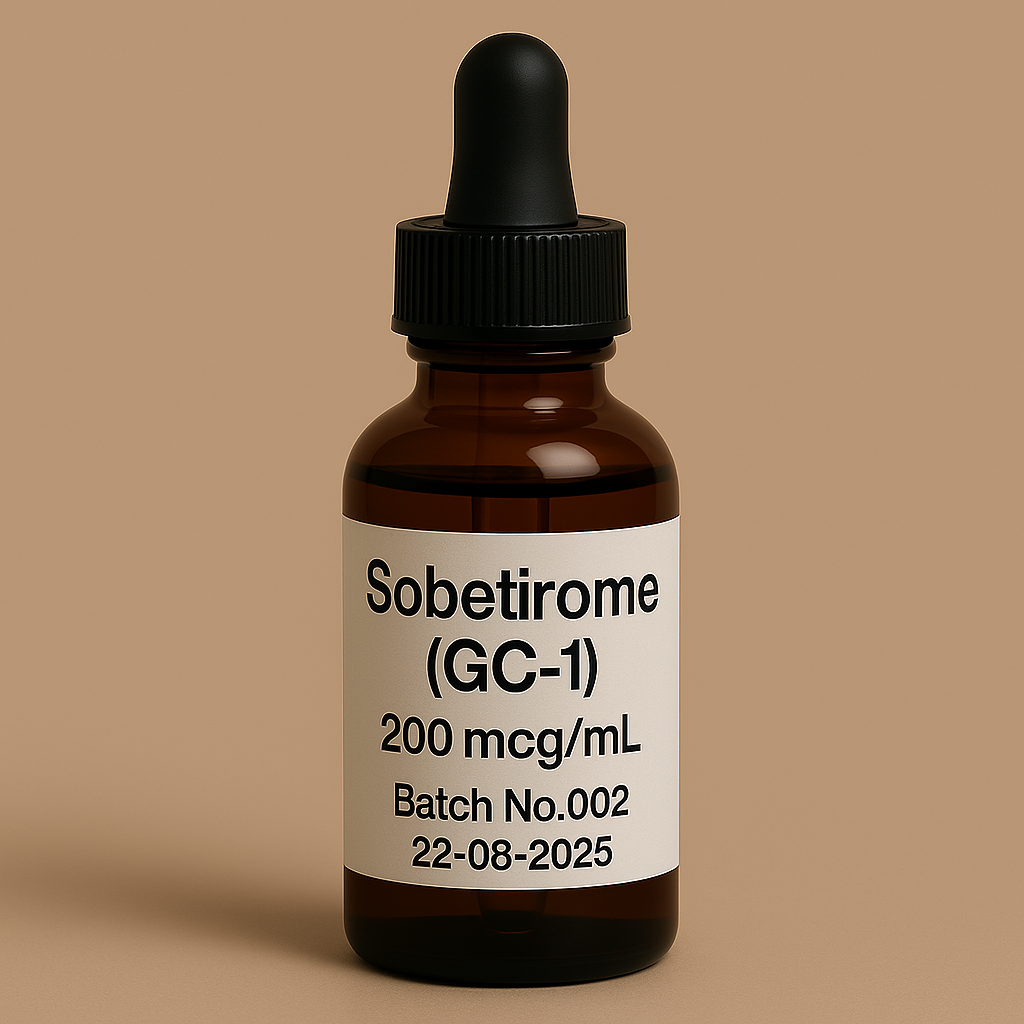 Amber glass dropper vial of Sobetirome (GC-1) solution, 200 mcg/mL concentration, labeled Batch No.002 with expiration date 22-08-2025, displayed against a clean beige background.