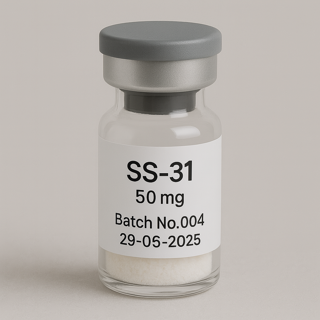Glass vial labeled 'SS-31 50 mg, Batch No.004, 29-05-2025' containing white lyophilized powder, sealed with a gray cap and rubber stopper, photographed against a soft beige background