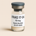 High-quality vial labeled 'FRAG 17-24, 10mg, Batch No.002, 20-07-2025' containing fine white powder, sealed with a gray cap, on a soft beige background