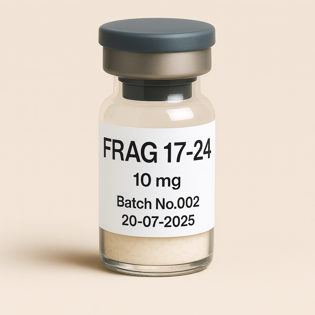 High-quality vial labeled 'FRAG 17-24, 10mg, Batch No.002, 20-07-2025' containing fine white powder, sealed with a gray cap, on a soft beige background