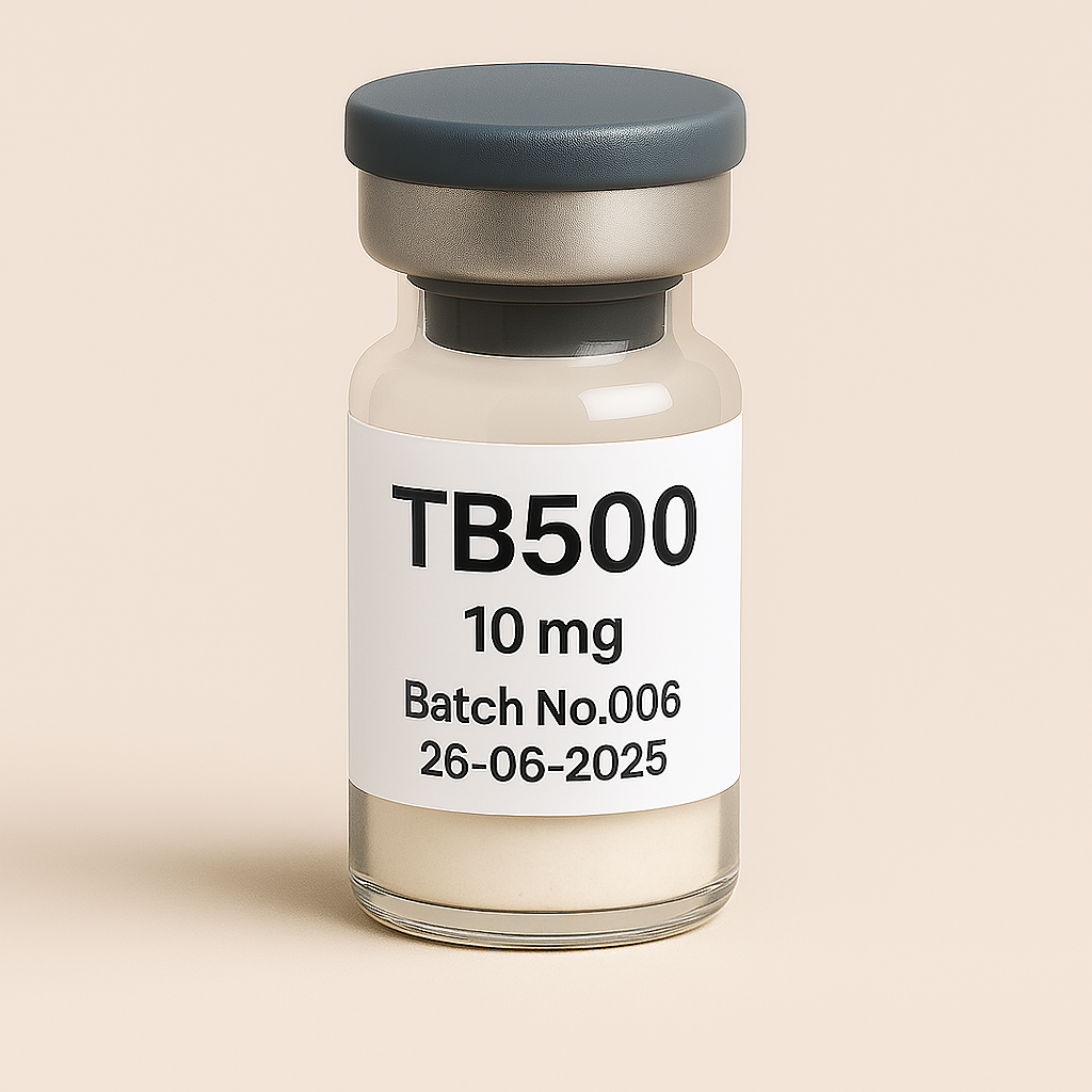 Clear glass vial of TB-500 peptide, 10 mg lyophilized powder, labeled ‘Batch No. 006 – 26-06-2025,’ sealed with a dark gray stopper against a soft beige background
