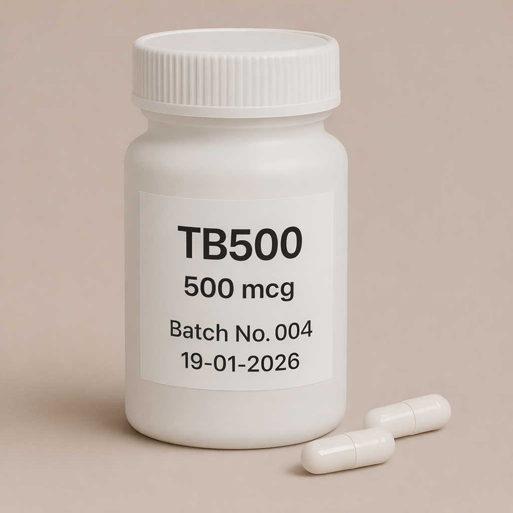 TB500 500 mcg peptide capsules in white plastic bottle, labeled Batch No.004, dated 19-01-2026, ribbed screw cap bottle on beige background