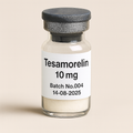 a clear glass vial containing off-white powder, labeled ‘Tesamorelin 10 mg – Batch No.004 – 14-08-2025,’ sealed with a gray rubber stopper and matte aluminum cap, displayed against a soft beige background.”