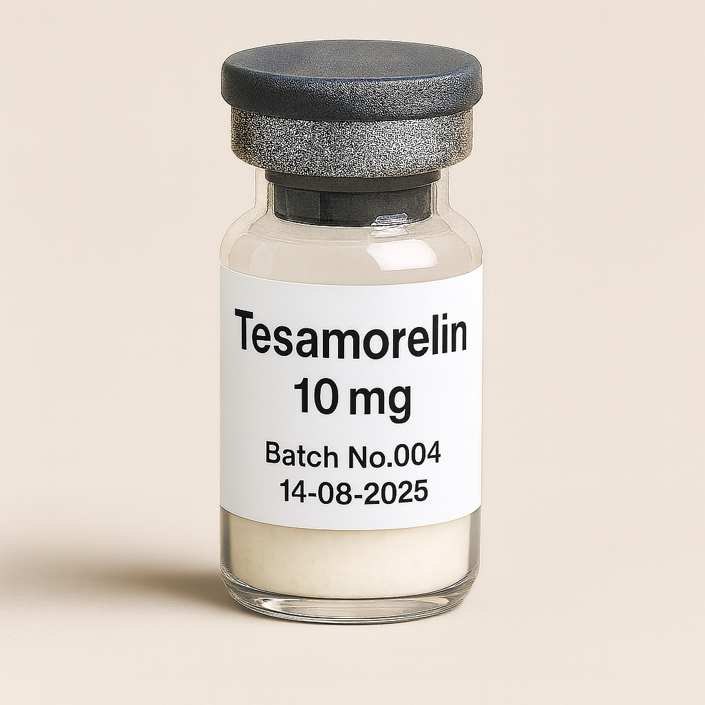 a clear glass vial containing off-white powder, labeled ‘Tesamorelin 10 mg – Batch No.004 – 14-08-2025,’ sealed with a gray rubber stopper and matte aluminum cap, displayed against a soft beige background.”