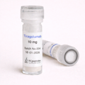 Tiragolumab 10 mg vials containing white lyophilized powder, one vial standing upright and one lying on its side. The label shows Batch No.004 and date 16-01-2026, with clear plastic screw caps, RCpeptides logo, and a clean neutral background.