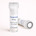 Trevogrumab 10 mg peptide vial with white lyophilized powder, labeled Batch No.003, dated 27-12-2025, transparent plastic vial with ribbed screw cap on beige background.