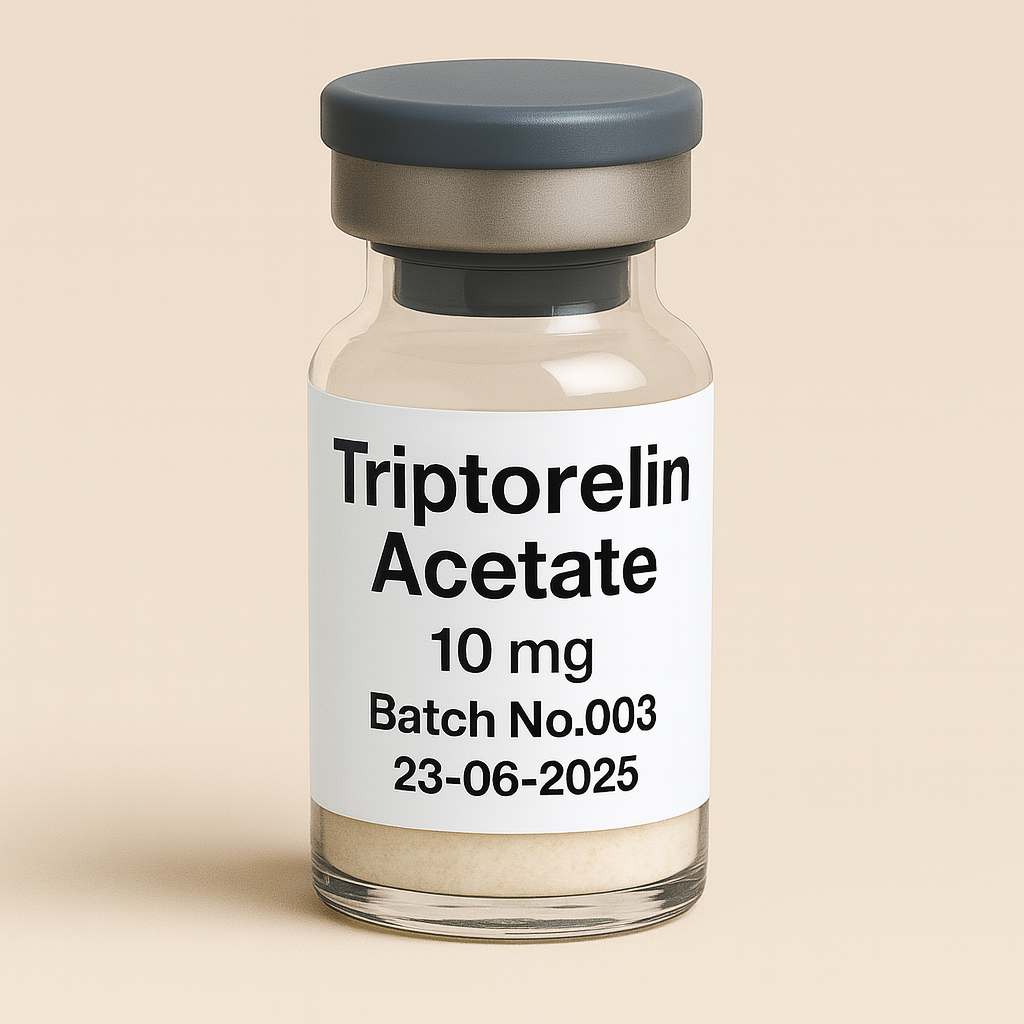 a clear glass vial with a grey cap, labeled "Triptorelin Acetate 10 mg, Batch No.003, 23-06-2025." The vial contains a white lyophilized powder, standing upright against a soft beige background, commonly used in pharmaceutical or peptide product packaging