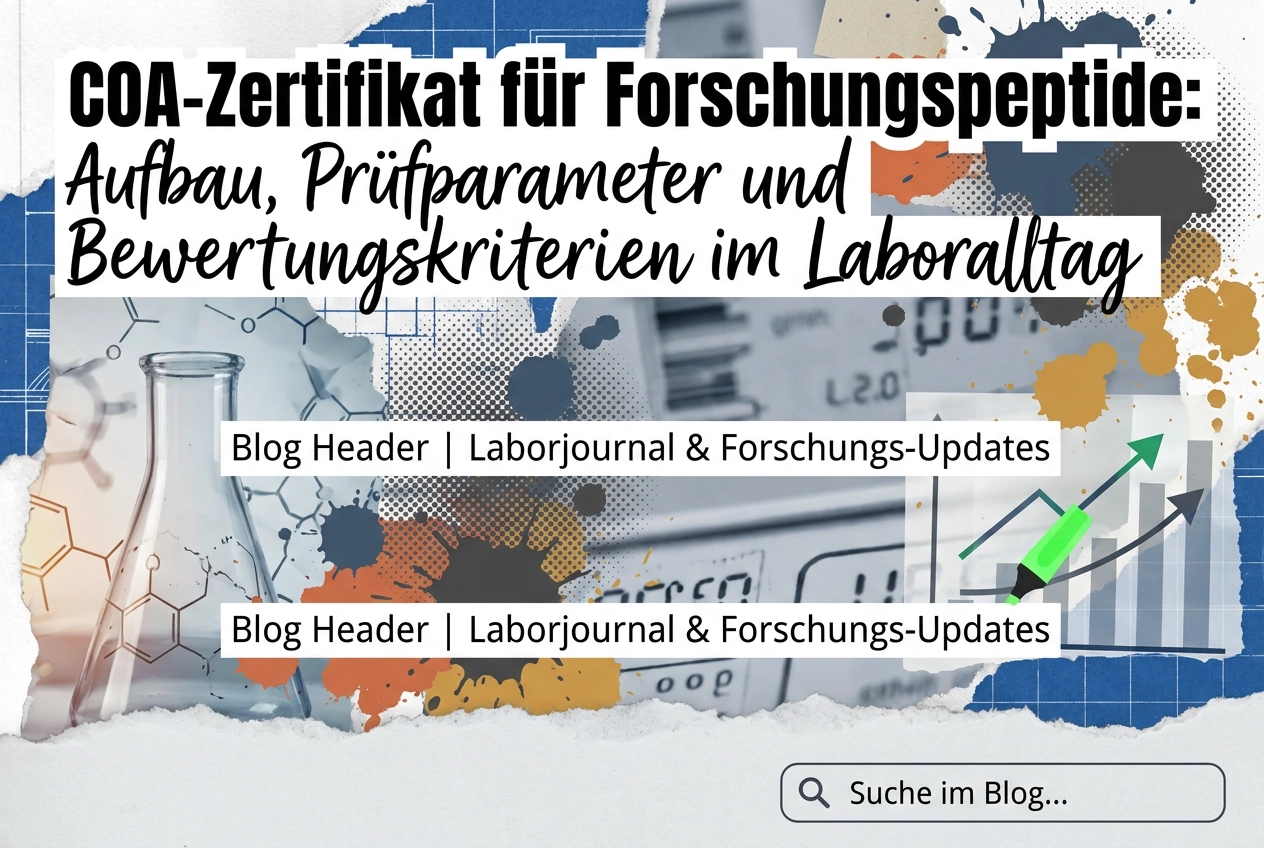 Professional header image for educational tutorial: COA-Zertifikat für Forschungspeptide: Aufbau, Prüfparamet...
